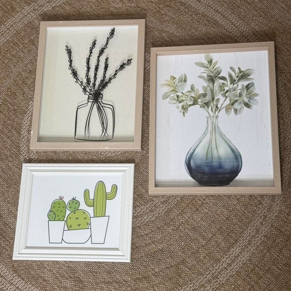 Set of 3 framed Botanical Wall Art Set – Neutral Wood Frames | Cottagecore Plant